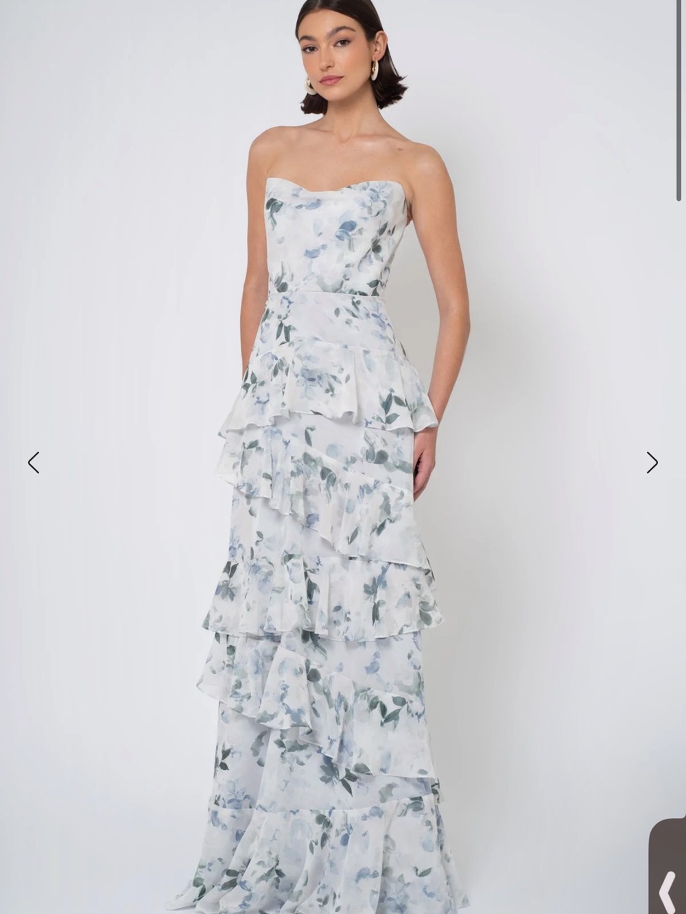 Jenny Yoo Strapless White Maxi Dress with Blue-Green Floral Print